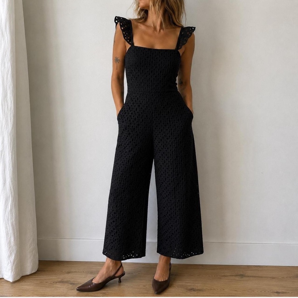 J Crew Kasana black eyelet cropped jumpsuit size 6